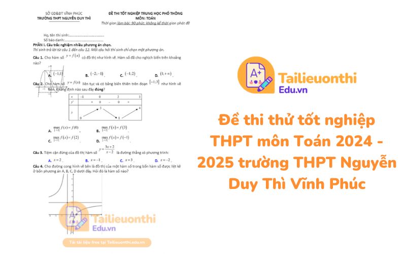 Đề thi thử tốt nghiệp THPT môn Toán 2024 - 2025 trường THPT Nguyễn Duy Thì Vĩnh Phúc